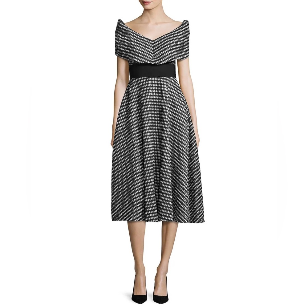 LELA ROSE Dress Size 10 Pleated Gingham Taffeta Open V Neck Black Retro 50s NEW